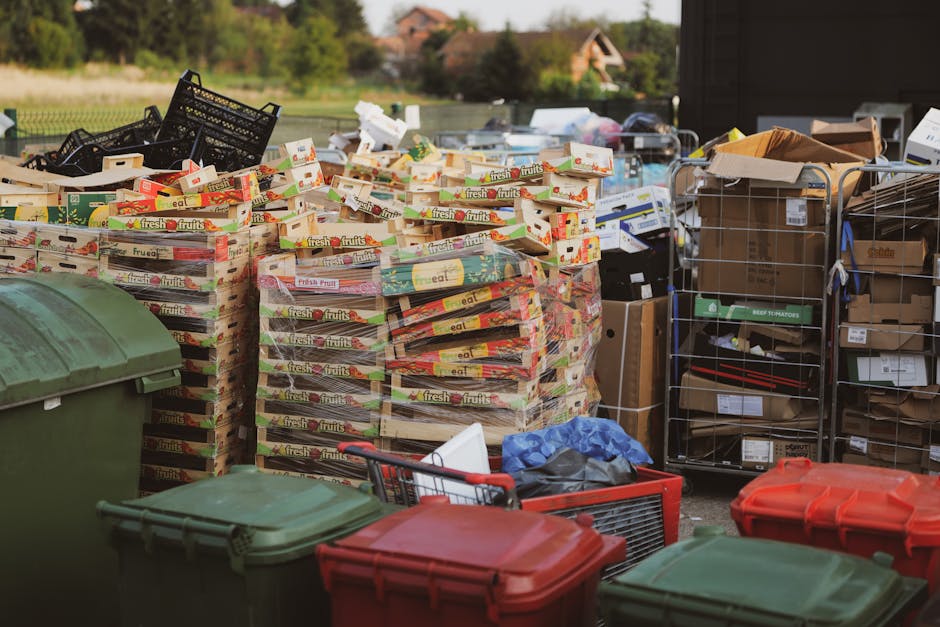 The image depicts an outdoor area used for waste disposal, with numerous stacked cardboard boxes and plastic crates filled with various discarded items. The cardboard boxes, labeled with fresh fruit imagery, are arranged in tall, orderly stacks, showing signs of previously being used for food packaging and now awaiting collection or removal. To the right, several metal wire cages and shelves hold assorted packaging materials, boxes, and loose waste items, some partially open or filled with cardboard and paper. In the foreground, there are multiple large wheeled bins in green, red, and black, positioned on a paved or concrete surface, suggesting a designated space for rubbish storage or disposal. The environment appears to be a private property or waste collection point, with a background featuring a rural landscape or garden area, including distant houses and trees under natural daylight. The overall scene emphasizes materials commonly handled during private bulk rubbish removal or on-site clearance, with an emphasis on organized waste segregation prior to collection by a waste disposal service such as waste disposal west Kensington.