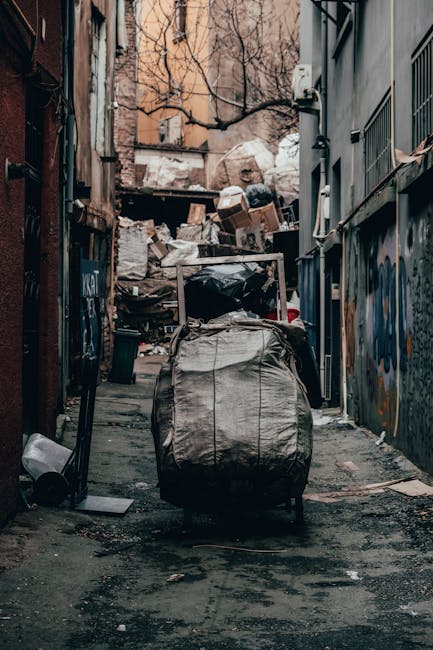 A narrow urban alleyway filled with accumulated rubbish, including large black and grey plastic bags, cardboard boxes, and miscellaneous debris piled against a makeshift wooden barrier at the end of the alley. The ground is uneven with visible dirt, small rocks, and some staining, indicating a space used for waste disposal or storage. On either side, buildings with graffiti and murals are visible, with windows and utility installations such as pipes and electrical boxes attached to the walls. The background features leafless trees and a brick building, suggesting an outdoor setting in an urban environment. In the foreground, a large, grey wheeled rubbish bag is prominent, with the surface showing a textured, crinkled appearance. The scene appears to be part of an area where independent waste collection or private rubbish removal services might be engaged, aligning with concepts of on-site clearance or alternative waste handling, as sometimes seen in less formal disposal arrangements managed by waste management specialists like wastedisposalwestkensington.co.uk.