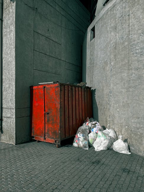 A red, weathered metal skip with visible rust and chipped paint is positioned against a dark green wall and a light grey concrete wall in an urban outdoor setting. Several clear plastic bags filled with mixed household waste, including paper, plastic bottles, and other refuse, are piled next to the skip on a paved surface composed of dark grey interlocking bricks. The skip appears to be used for private rubbish collection or alternative waste disposal, with the surrounding environment indicative of a back alley or service area near a building. The scene is illuminated by natural daylight, highlighting the textures of the rusted metal, smooth plastic bags, and the contrasting finishes of the walls, consistent with a typical rubbish removal or on-site clearance context managed by waste disposal services such as wastedisposalwestkensington.co.uk.